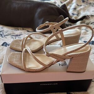Nine West Cream Croc-Embossed Block Heel Sandals